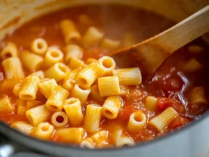 Small pasta being added to a pot of simmering soup on the stove