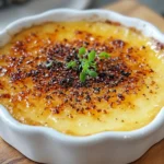 Close-up image of the Crab Brûlée recipe served in a white ceramic dish.