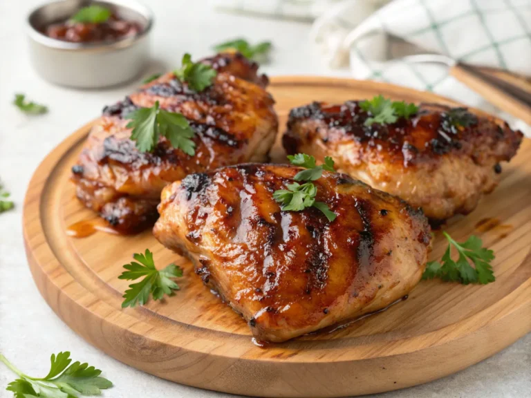 Golden-brown grilled chicken thighs from the Delmarva BBQ Chicken Recipe Carnivore served on a rustic wooden platter, garnished with fresh herbs and a small bowl of sauce on the side.