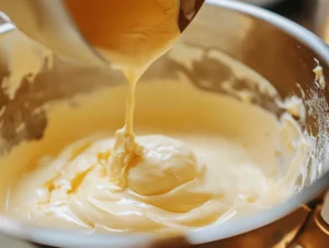 Hot cream being poured into the egg yolk mixture while stirring continuously