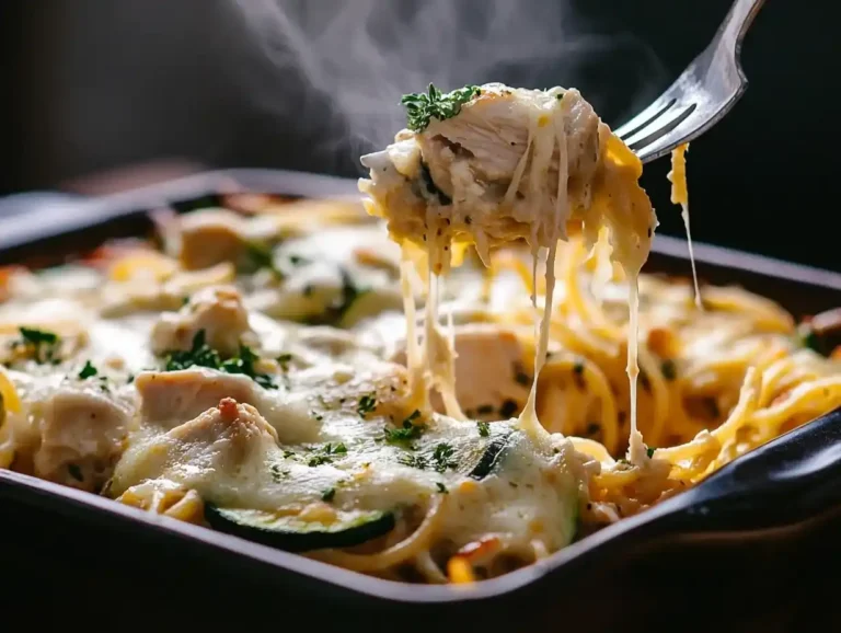 Turkey Tetrazzini recipe with Campbell's cream of chicken soup, featuring melted cheese, tender turkey, pasta, and fresh herbs served in a casserole dish