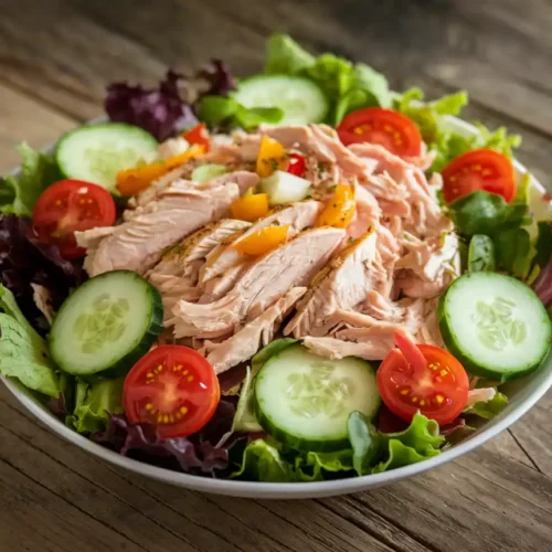 A vibrant HEB Rotisserie Chicken Salad Recipe featuring shredded rotisserie chicken, mixed greens, cherry tomatoes, and cucumbers in a rustic bowl on a wooden table.