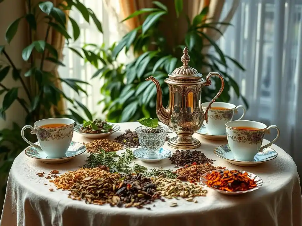 An elegant tea setup featuring a beautiful assortment of teapots and cups, showcasing 50 Tea Recipes from the Duchess, surrounded by fresh flowers and tea leaves, highlighting royal tea traditions.