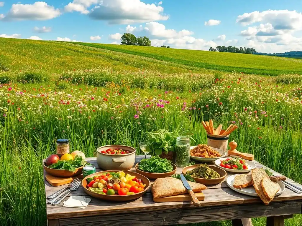 Fresh dishes from Cloud Meadow Recipes on a wooden table in a flower-filled meadow.