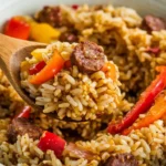 An image of Bojangles Dirty Rice Recipe, featuring golden rice mixed with sausage pieces, red and yellow bell peppers, and onions. A wooden spoon lifts a portion of the flavorful rice mixture, highlighting the rich texture and vibrant colors of the dish.